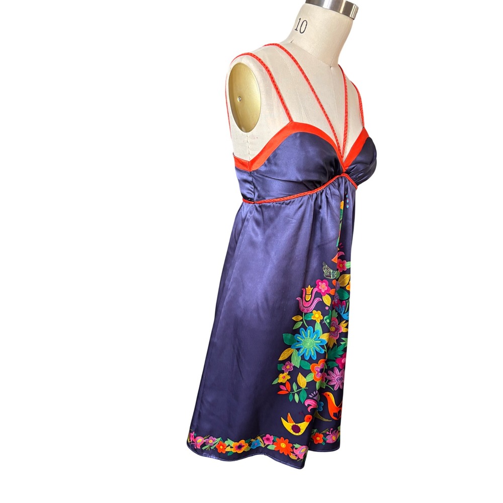 Boho Floral Voom Joy Han 100% Silk Empire Waist Mini Dress S Navy Blue Vintage - Picture 2 of 12